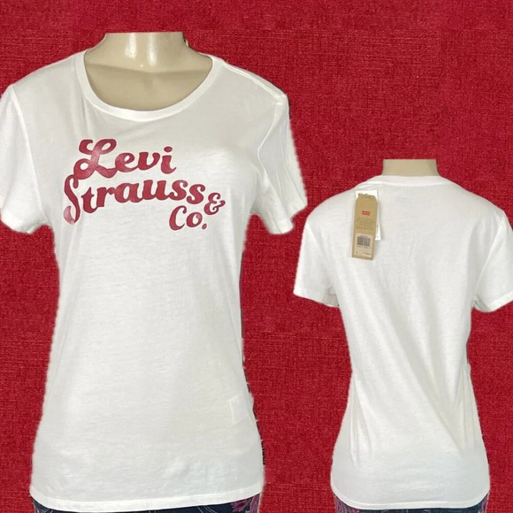 Levi's L White Logo Red Name Graphic Crew Neckline Cotton Short Sleeve Tee - Picture 1 of 5